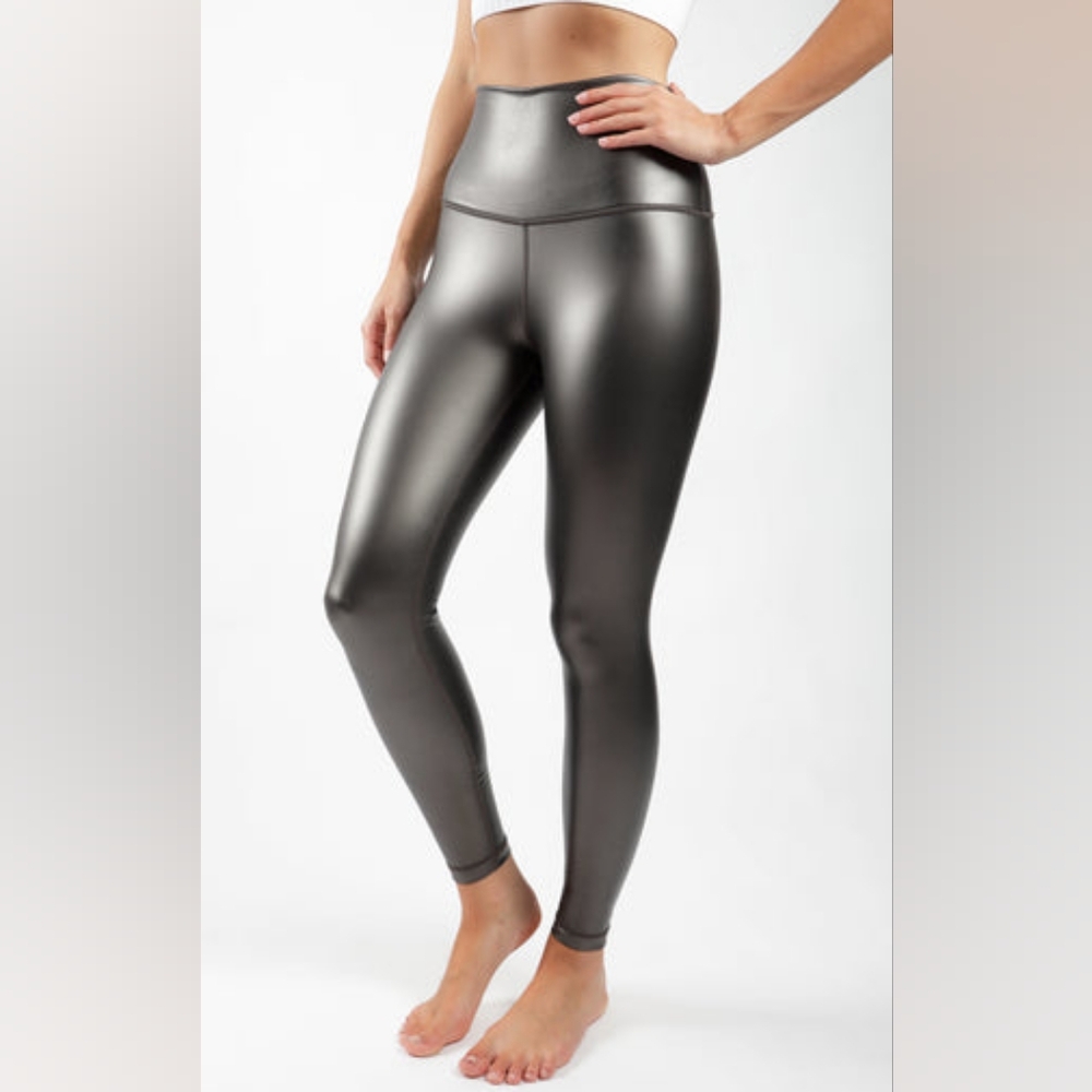 90 Degree by Reflex Leatherette Legging Faux Leather High Rise Gunmetal Grey New